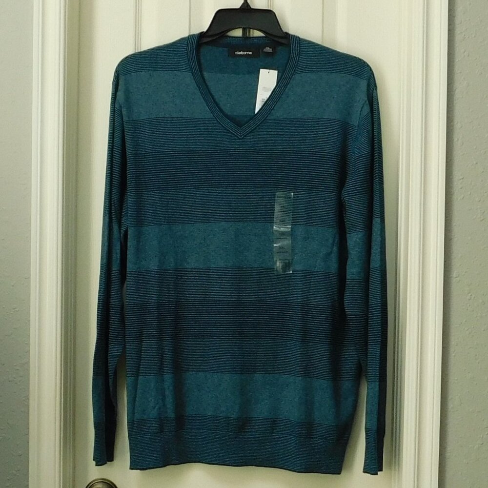 CLAIBORNE Mens V-neck Soft Sweater Blue Teal Striped XXL